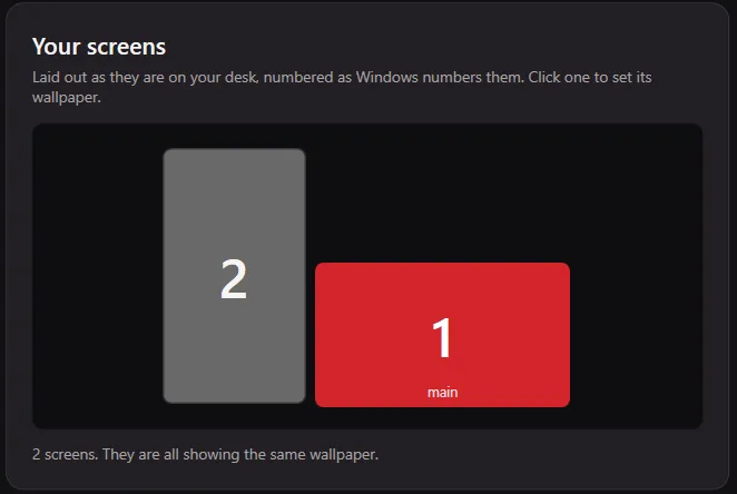 Wallgami's screens, drawn in their real positions: a tall portrait screen numbered 2 on the left, and a wider landscape screen numbered 1, marked as the main one, on the right.